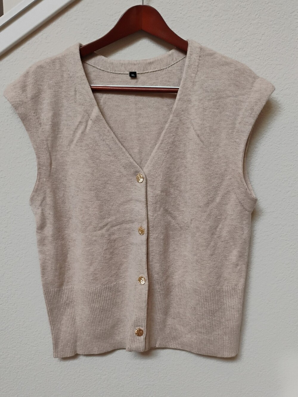Gold-Button Sleeveless V-Neck Knit Vest in Beige Wool Blend